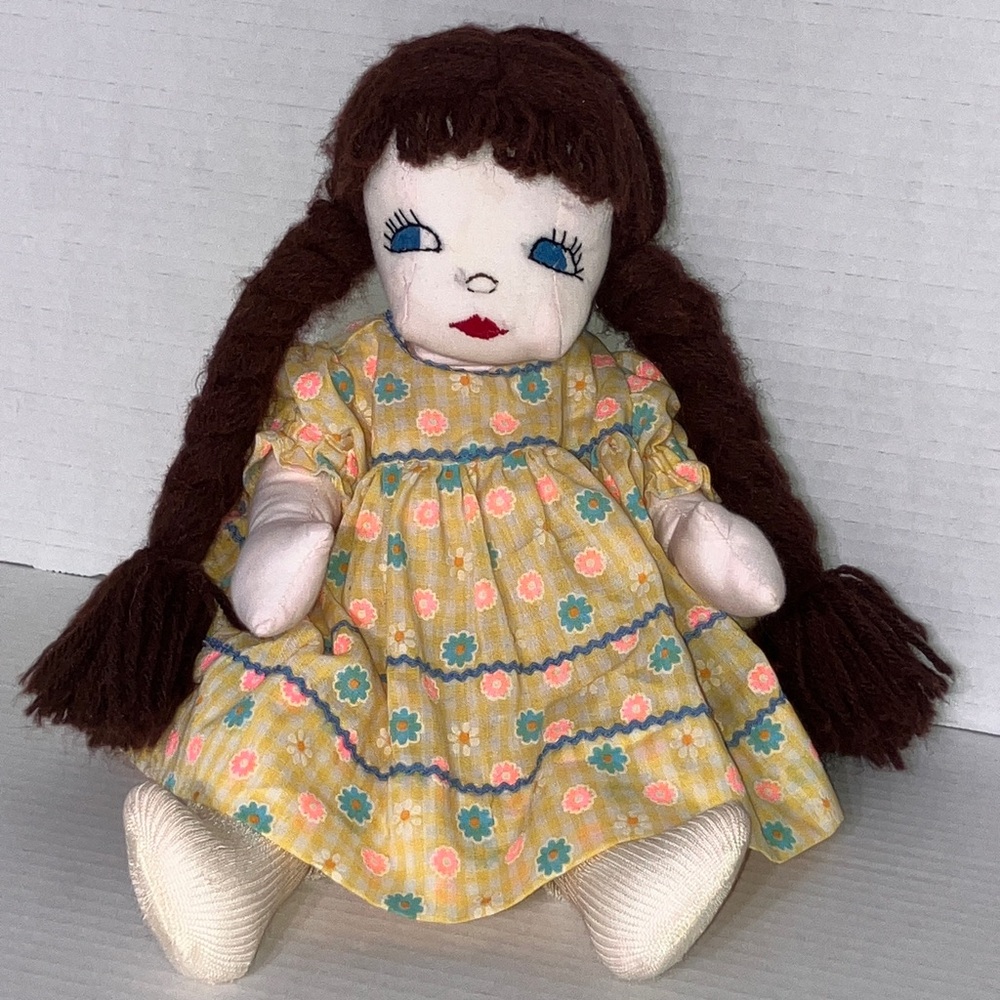 Vtg Handmade Fabric Doll with Braided Brown Hair and Floral Dress & Bloomers 14”